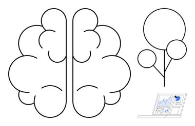 Eğitim, analitik, yaratıcılık, bilgi, yenilik ve zihinsel süreçler. Soyut beyin ve veri tablolarını gösteren bir dizüstü bilgisayarla ağaç tepesi diyagramı. Yaratıcılık ve analitik kavram