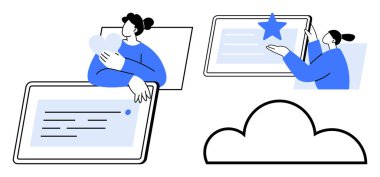 Teknoloji, takım çalışması, çevrimiçi iletişim, bulut depolama, kullanıcı deneyimi, yaratıcılık. Bulut sembolünün yanında kalp ve yıldız simgelerini gösteren tabletlerle etkileşime giren bireyler. Teknoloji