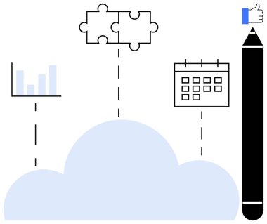 Bulut tabanlı işbirliği araçları. Bulut entegrasyonu bulmaca parçaları, bar çizelgeleri ve takvim simgeleri ile gösterilir. Bulut tabanlı işbirliği takım çalışmasını, planlamasını ve verimliliğini artırır