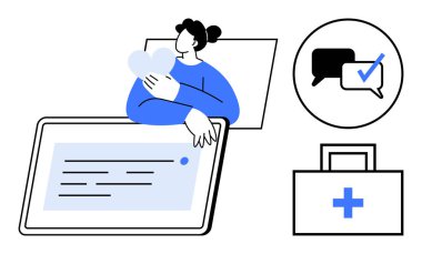 Tabletin yanında kalp taşıyan kişi, işaretli konuşma balonu, ilk yardım çantası. Teletıp, online danışmanlık, hasta desteği, sağlık uygulamaları, iletişim, sanal bakım için ideal
