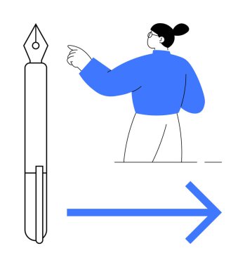 Navigasyon, yaratıcılık, rehberlik, liderlik, iletişim, yön. Mavi bir ok ve dolmakalemi işaret eden biri. Navigasyon ve yaratıcılık yönü ve fikirleri