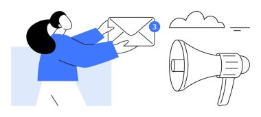 İletişim konsepti. İletişim, dijital mesajlaşmayı görselleştiren e-posta bildirimi ve megafonla vurgulandı. İletişim pazarlama, haber güncellemeleri ve çevrimiçi etkileşim için çok önemli. İdeal