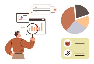 Veri analizi, iş stratejisi, raporlama araçları, bilgi tasarımı, piyasa araştırması, analitik kavrama. Haritaları ve grafikleri büyüteçle inceleyen biri. Veri analizi ve iş