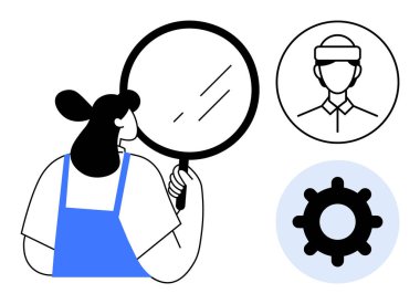 Problem çözme konsepti. Kadın, profil ve dişli sembolüyle eşleştirilmiş büyüteçle inceler. Analiz için problem çözme, sistem geliştirme, karar verme, UX optimizasyonu ve takım çalışması
