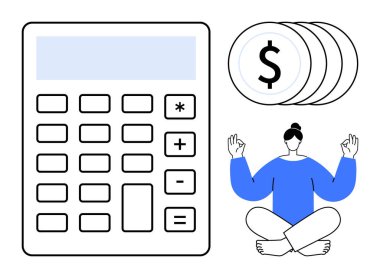 Finansal planlama, bütçe, farkındalık, kişisel finans, tasarruf, stres yönetimi. Bozuk paralarla ve meditasyon yapan insanlarla dolu büyük bir hesap makinesi. Mali planlama ve bütçe kavramı