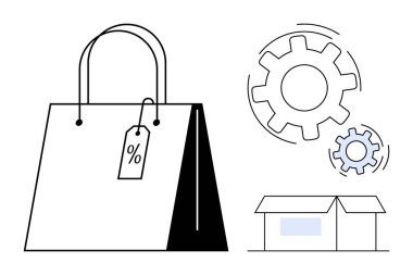 E-ticaret, online alışveriş, lojistik, dağıtım hizmetleri, perakende satış, indirimler. Üstünde yüzde etiketi, vites ve teslimat kutusu olan bir alışveriş torbası. E-ticaret ve online alışveriş kavramı