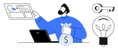 Finansal planlama, çevrimiçi güvenlik, dijital yenilik, yatırım stratejileri, veri yönetimi, yaratıcı çözümler. Bilgisayarlı, anahtarlı ve ampullü para çantası tutan adam. Mali planlama