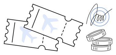 Seyahat planlama, rezervasyon hizmetleri, turizm, ekonomi, uçak biletleri, finansal işlemler. İki uçak bileti ve bir yığın bozuk para. Seyahat planlama ve rezervasyon hizmetleri kavramı