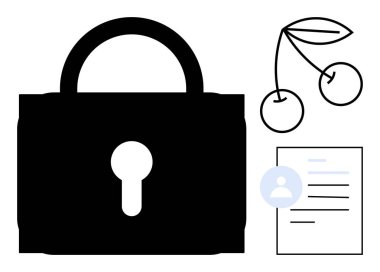 Veri güvenliği, kişisel kimlik, bilgi gizliliği, dijital erişim, siber güvenlik, kavramsal semboller. Anahtar delikli siyah kilit, ana hatlı kiraz profilli belge. Veri güvenliği ve kişisel