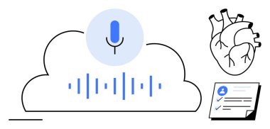 Ses dalgaları, anatomik kalp ve tıbbi kontrol listesi olan bulutlardaki mikrofon simgesi. Sağlık hizmeti, yapay zeka, bulut bilgisayarı, ses asistanı, tıbbi teknik tanı yeniliği için ideal. Basit düz metafor