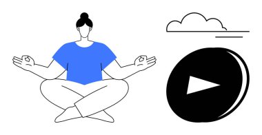 Farkındalık, rahatlama, meditasyon uygulamaları, çevrimiçi içerik, kişisel bakım, dijital sağlık. Oturmuş yoga yapan kadın bulutların yanında poz veriyor ve düğme ikonu oynuyor. Farkındalık ve rahatlama