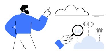 Bulut hesaplama. Bulut teknolojisi soyut elementler, iş analizleri, büyüteç ve veri süreçleriyle gösterilir. Bulut hesaplaması yenilikleri, bilişim çözümlerini, dijital