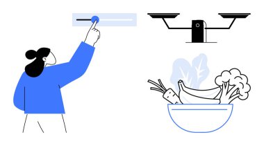 Sağlıklı yaşam, karar verme, yaşam tarzı dengesi, beslenme, kişisel hedefler, kendini geliştirme. Bir kadın sebze kâsesini dengeleyip kaydırma makinesini ayarlıyor. Sağlıklı yaşam ve karar verme