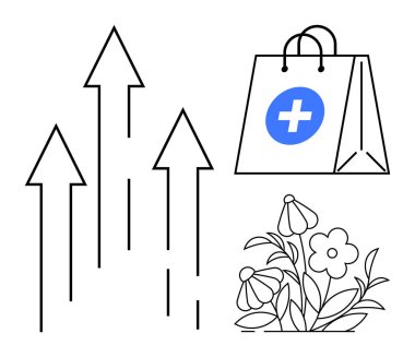 İş büyümesi, sağlık perakendecisi, çevre dostu ürünler, sağlık hizmetleri, alışveriş, sürdürülebilirlik. Yukarı bakan oklar, bir sağlık çantası ve çiçek açan çiçekler. İş büyümesi ve sağIık perakendecisi