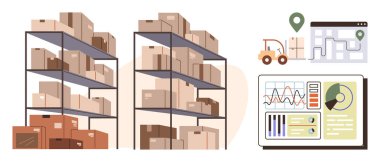 Lojistik, tedarik zinciri, depo yönetimi, envanter takibi, veri analizi, iş operasyonları. Kutulu raflar, forklift haritası ve analitik gösterge paneli. Lojistik ve tedarik zinciri kavramları