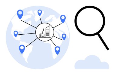 İş merkezi bağlantı noktaları olan dünya, arama için büyüteç ve bulut grafiği. Küresel ulaşım, lojistik, piyasa araştırması, tedarik zinciri, dijital çözümler, yenilik için ideal