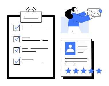 Görev kontrol listesi, reytingli çalışan profili ve görev yönetimini, mesleki değerlendirmeyi ve iletişimi temsil eden e-posta bildirim bilgileri. Üretkenlik, organizasyon ve HR için ideal