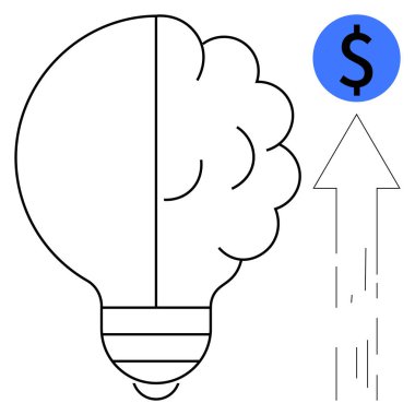 Yaratıcılık, yenilik, finansal büyüme, iş başarısı, yatırım, girişimci fikirler. Beyin ampulle birleşiyor, yukarı doğru ok ve dolar sembolü. Yaratıcılık ve yenilik görsel olarak