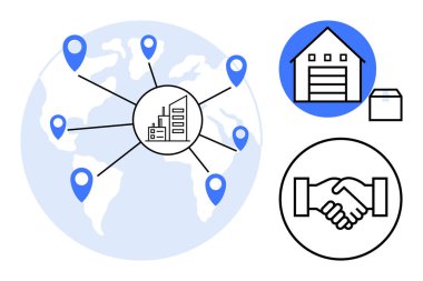 Tedarik zinciri konsepti. Tedarik zinciri bağlantıları lojistik ve dağıtım için küresel konumları kapsar. Tedarik zinciri ortaklıkları ve depo operasyonları sorunsuz bir iş akışı sağlar. Lojistik için.