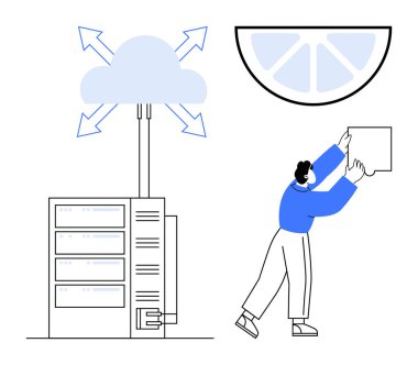 Bulut depolama kavramı. Bulut depolama bağlantı cihazları, veri organizasyonu ve ağ görselleştirmesi sağlanıyor. Teknoloji için bulut depolama, bilişim çözümleri, veri yönetimi ve dijital ekonomi. Kullanım