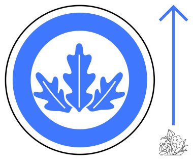 Çevresel farkındalık, sürdürülebilirlik, çevre dostu markalaşma, büyüme, doğa, yön. Meşe yapraklı ve yukarı doğru ok şeklinde mavi dairesel bir sembol. Çevresel farkındalık ve sürdürülebilirlik kavramı