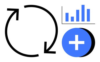 Veri analizi. Dairesel oklar, bir bar çizelgesi ve artı işareti yineleme işlemleri, veri içgörüleri ve büyüme fırsatları. Veri analizleri iş zekasını, takım çalışmasını, stratejiyi destekler