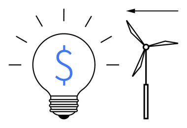 Yenilenebilir enerji kavramı. Rüzgar türbiniyle yenilenebilir enerji ve dolar işaretli bir ampul. sürdürülebilirlik ve maliyet yönetimi için yenilenebilir stratejiler. Yeşil enerji ve finansal planlama için