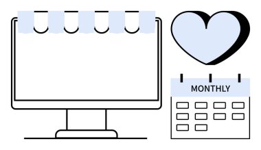 Zaman yönetimi, organizasyon araçları, iş verimliliği, iş hayatı dengesi, zamanlama, dijital planlama. Bilgisayar ekranı, kalp takvimi. Zaman yönetimi ve organizasyon araçları kavramı