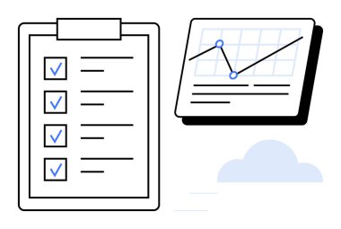 Analitik çizelge ve bulut elementinin yanında kontrol işaretleri olan görev listesi. Üretkenlik, planlama, veri analizi, proje yönetimi, tamamlama, organizasyon ve takım çalışması için ideal. A