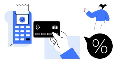 Dijital ödemeler, e-ticaret, alışveriş indirimleri, nakitsiz işlemler, perakende satış, finansal teknoloji. Kredi kartı, ödeme terminali işareti ve işaret eden kişi. Dijital ödemeler