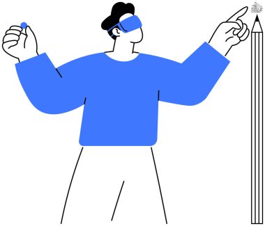 Sanal gerçeklik, yaratıcılık, teknoloji yeniliği, gelecekteki eğitim, etkileşimli deneyimler, sanat görselleştirme. VR kulaklık takan biri uzun bir kalemi işaret ediyor. Yaratıcılık ve sanal gerçeklik