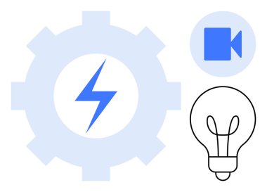 Yenilenebilir enerji, yaratıcı çözümler, yenilik, teknoloji trendleri, fikir üretimi, görsel medya. İçinde yıldırım, video ikonu ve ampul olan bir vites. Enerji yeniliği ve yaratıcı çözümler