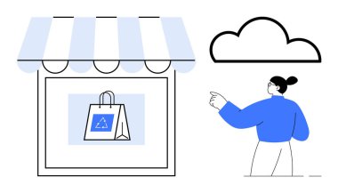 Çevrimiçi alışveriş, eko-ticaret, sürdürülebilir ambalaj, bulut hesaplama, dijital pazarlama, teknoloji kavramları. Bir geri dönüşüm çantası ve bir insan ile bir mağaza vitrini görüntüsü. İnternetten alışveriş
