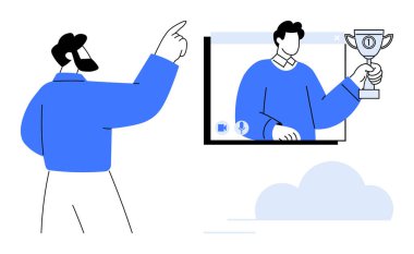 Sanal konferans ekranında kupa tutan bir kişinin dijital ödül töreni ve onayı işaret eden başka bir kişi. Uzaktan çalışma, takım tanıma ve sanal olaylar için ideal