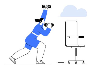 İş yeri sağlığı, fitness, egzersiz, sağlık yönetimi, iş hayatı dengesi, verimlilik. Ofis sandalyesinin yanında dambıl kullanan biri. İş yeri sağlığı ve uygunluk çizelgesi