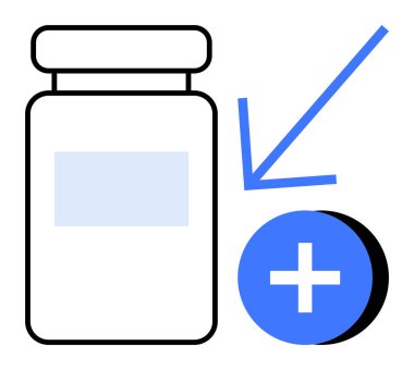 Sağlık sigortası konsepti. Belirgin bir artı sembolü olan bir ilaç şişesi ikonu ve tıbbi yardımı simgeleyen bir ok. Sağlık hizmetlerinin iyileştirilmesi, reçeteler, tedavi, iyileşme ve eczane