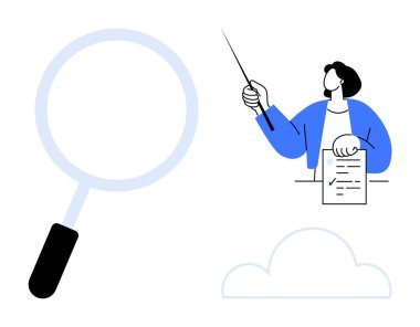 Profesyonel veri sunumu, bir belge ve işaret, büyük büyüteç ve ince bulut grafiği. Araştırma, analiz, rapor oluşturma, eğitim, arama optimizasyonu için ideal