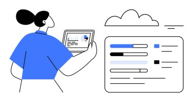 Veri analizi konsepti. Veriler bulut hesaplama entegrasyonlu dijital bir gösterge panelinde gösteriliyor. Veri, iş anlayışını, takım çalışmasını ve büyüme fırsatlarını güçlendirir. İş, bilişim ve yenilik için.