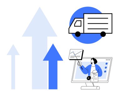 Lojistik büyüme konsepti. Lojistik dağıtım kamyonları ve iş analizleriyle ilerliyor. İş planlama ve tedarik zinciri için lojistik entegre teknolojisi. Ulaşım ve teslimat için.