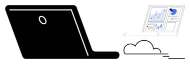 Veri analizi, bulut hesaplama, iş büyümesi, dijital pazarlama, modern teknoloji, çevrimiçi çözümler. Bulut sembollü grafikleri gösteren bir dizüstü bilgisayar. Veri analizi ve bulut hesaplaması