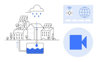 Yenilenebilir enerji, su tasarrufu, akıllı teknolojiler, çevre dostu altyapı, dijital kimlik, kentsel yenilik. Güneş panelleri olan binalar, su tankları simgeleri. Yenilenebilir enerji ve su