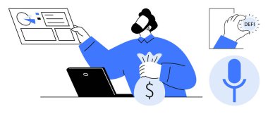 Finansal teknoloji, merkezi olmayan finans, yatırım, dijital ekonomi, iş araçları, pazar analizi. Sistem arayüzü yakınında bir para çantası tutan kişi. Finansal teknoloji ve yatırım