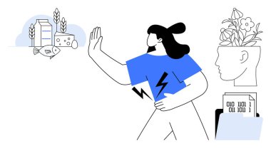 Alerjik yiyeceklerden kaçınan kadın, süt, balık ve peynirin baş parmağıyla karnını tutup acıyı sembolize ediyor. Beyin sağlığı ve doğa üzerine odaklanır. Sağlık, alerji, diyet, yaşam tarzı sağlığı için ideal