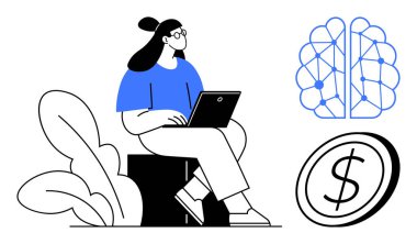 Yapay zeka, fintech, veri analizi, makine öğrenimi, yenilik, teknoloji entegrasyonu. Sinir ağı ve dolar simgesinin yanında dizüstü bilgisayarda çalışan bir kadın. Yapay zeka