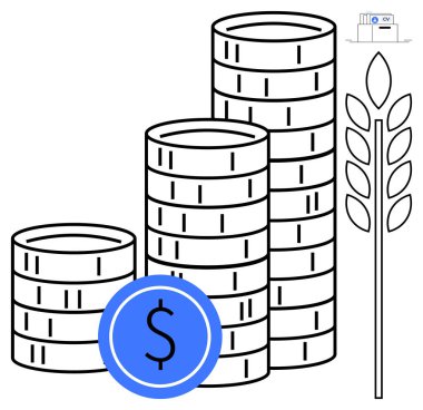 Tarım finans kavramı. Tarım yatırım fırsatlarını vurgulayan madeni para yığınları ve mahsul sembolleri. Çiftçiliği, kırsal kalkınmayı ve tarım sektörünü destekleyen tarım finansmanı. Ekonomi için