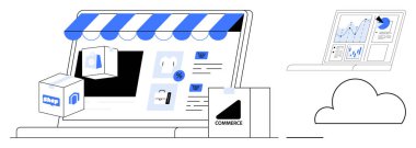 Çevrimiçi alışveriş, e-ticaret platformları, analitik, bulut hesaplama, dijital pazarlama, iş büyümesi. Ambalajlı dijital vitrin, ekranda analitik bulut grafiği. E-ticaret platformları