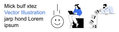 Risk yönetimi, uzaktan çalışma, duygusal refah, iletişim, problem çözme, iş kavramları. Minimalist tasarım, engelleri düzenleyen, risk alan bir adamı, dizüstü bilgisayarla çalışan birini gösteriyor.