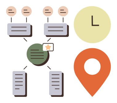 İş akışı yönetimi, zaman izleme, konum hizmetleri, veri analizi, ağ oluşturma, proje planlaması. Bağlı ikonlar, saat ve iğne sembollü dairesel diyagram. Çalışma akışı yönetimi ve zaman izleme