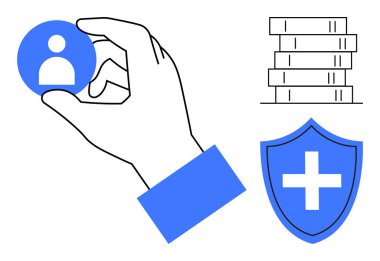 Dijital kimlik, veri koruması, finansal güvenlik, çevrimiçi erişim, sağlık hizmetleri, kişisel güvenlik. Elinde kalkan ve bozuk paralarla bir kullanıcı simgesini tutuyor. Kimlik koruması ve mali destek