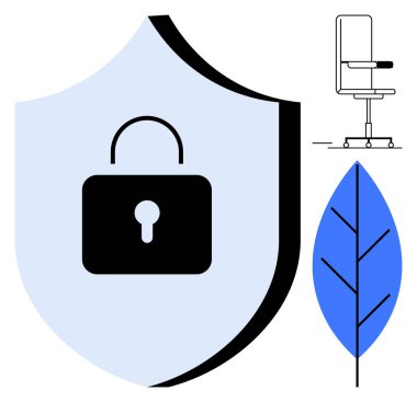 Siber güvenlik, veri koruması, gizlilik, sürdürülebilirlik, modern çalışma alanları, güvenli teknoloji. Kilitli bir kalkan, bir sandalye ve mavi yaprak sembolü. Siber güvenlik ve veri koruma kavramı